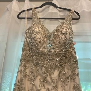 Maggie Sottero “Greer” in champagne color with silver/pewter beading. Size 14